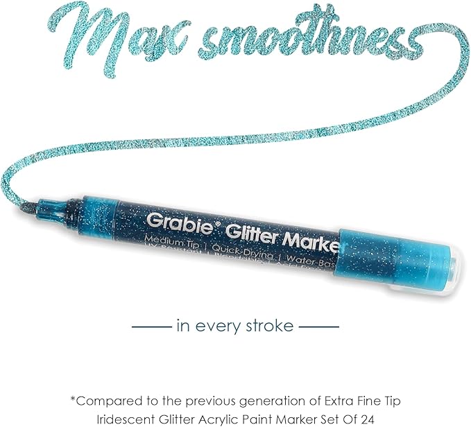 Grabie 24 Glitter Metallic Markers, Medium Tip Glitter Acrylic Paint Markers, Quick-Drying Water-based Ink Glitter Pens for Adults, DIY Crafts Making, Set of 24