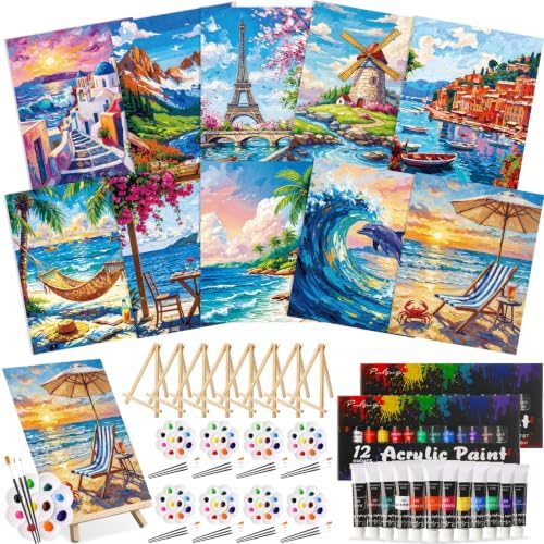 Ctosree 72 Pcs Seaside Scenery Paint and Sip Kit for Adults 8'' x 10'' Pre Drawn Canvas for Painting DIY Pre Printed Canvas for Party Favor Acrylic Painting Kit Wood Easel Brushes Date Night Bulk by Ctosree