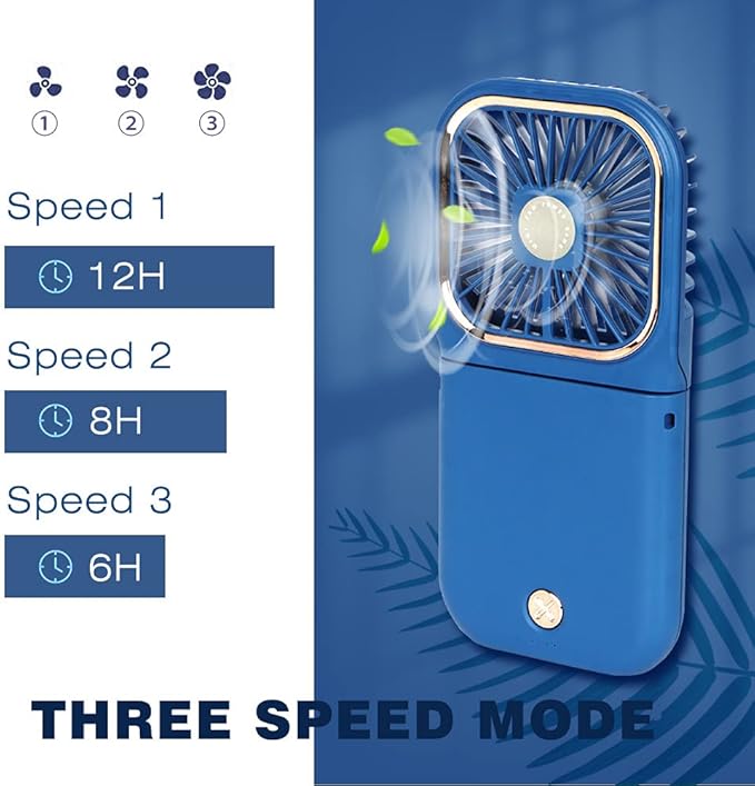 Portable Mini Fan - 5 in 1 with Power Bank, Phone Holder, Handheld & Desk Fan - USB Rechargeable, 3000mAh Power Bank, 3 Speed Adjustable, Neck Lanyard, Blue