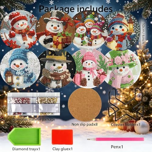 YESUAOOE 8 Pcs Snowman Diamond Art Coasters Kit - DIY 5D Christmas Diamond Painting Coasters with Holder, Mini Diamonds Arts Kits for Adults Coaster, Small Gem Art Arts and Crafts for Adults - Image 2