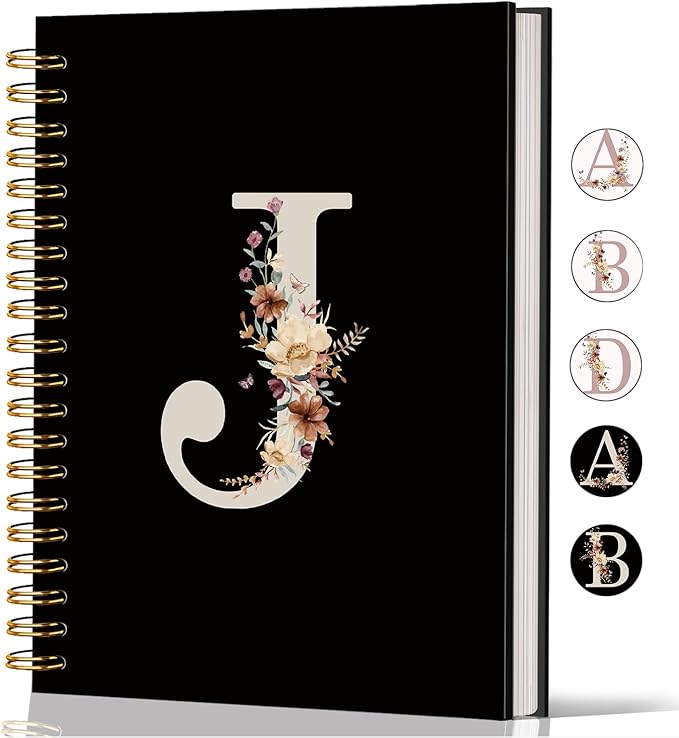 Lacama Black Initial Letter J School Notebook Journal, Cute Wildflower Personalized Spiral Notebook, School Supplies, Customized Monogrammed Gifts, Birthday Gifts for Women, Office Supplies