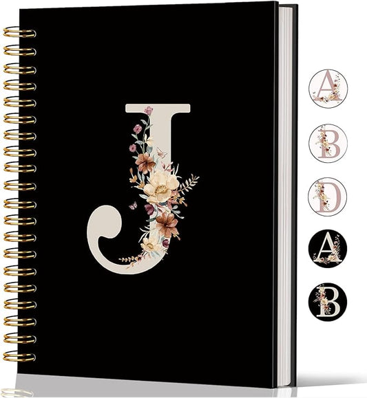 Lacama Black Initial Letter J School Notebook Journal, Cute Wildflower Personalized Spiral Notebook, School Supplies, Customized Monogrammed Gifts, Birthday Gifts for Women, Office Supplies
