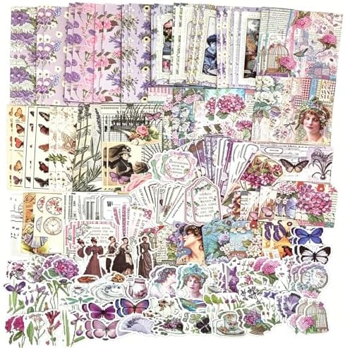 Esweny 200PCS Vintage Scrapbooking Supplies Pack, Aesthetic Scrapbook Sticker Paper Art Journaling Kit for Junk Journals,Planner,Cottagecore Decor Gifts (Purple Series) by Esweny