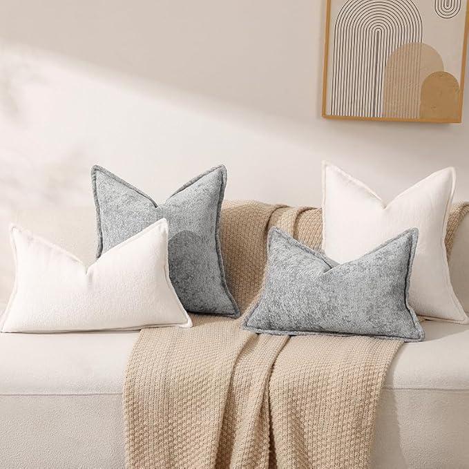 Pack of 2 Cream White Euro Shams Pillow Covers 26x26 Cozy Soft Chenille Decorative Throw Pillow Covers Accent Vintage Square Couch Pillow Covers for Home Decor Bed Sofa Living Room