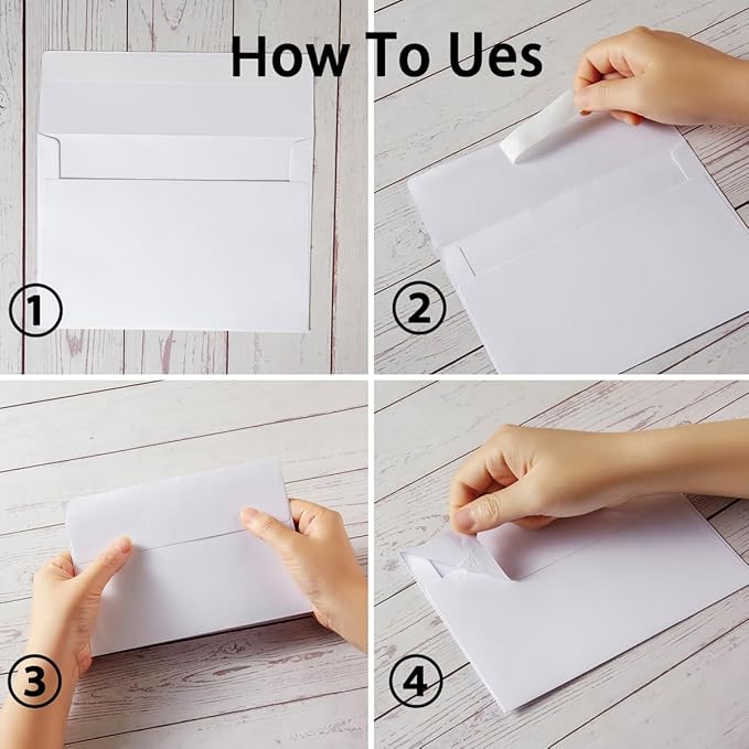 Wishop 50 Pack Self-Adhesive Envelopes with Fold Cards for Wedding Invitations, Greeting Cards, Baby Shower, Letter Mailing (White, 4x6)