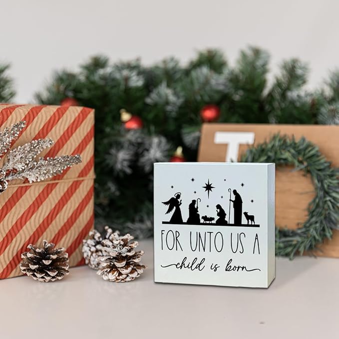 Christmas Christian Wooden Desk Decor Sign, For Unto Us A Child Is Born, Nativity Scene Wooden Box Sign, Religious Christmas Tabletop Plaque for Living Room Bedroom Decor 5x5 Inches
