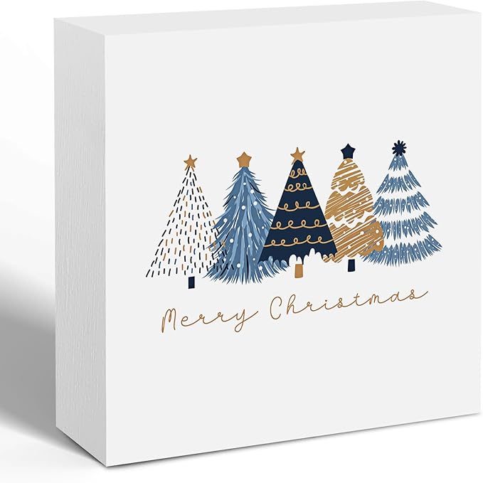 Navy Blue and Gold Christmas Tree Wooden Box Sign, Preppy Christmas Desk Decor, Merry Xmas Tree Winter Holiday Wood Signs for Home Office Desk Shelf Tabletop Decor,Decorative Signage 5x5 Inch
