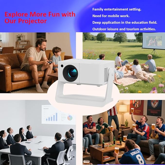 Mini Projector with WiFi and Bluetooth【Auto Keystone&Electric Focus&Rotatable】Built-in Stand Projector Android Projector Suitable for Home/Parties/Office Use
