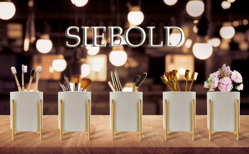 Gold Pencil Cup Sturdy Metal Frame With White Ceramic Pen Holder For Desks and kitchen Appliance Holders - Image 3