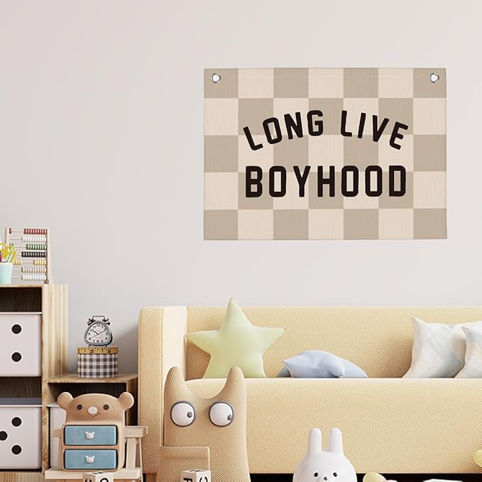 Checkered Long Live Boyhood Boys Room Playroom Wall Decor Vintage Sports Decor for Nursery Playroom Kids Bedroom Dorm Toddler Decorations 22x28 Inch