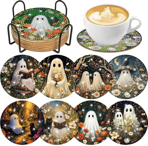 CRASHOT Halloween Floral Ghost Diamond Art Coasters Kit, 8 Pcs by CRASHOT