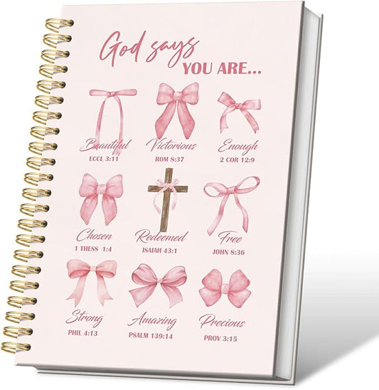 VONTP Coquette Pink Bow Christian Spiral Notebook, God Says You Are Bible Verse Inspirational Journal for Women, Preppy Pink Religious Scripture College Ruled Notebook Journal for Writing, 5.5x8.3