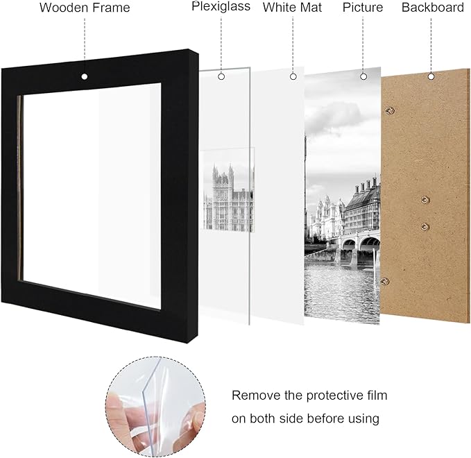 8x8 Picture Frame Set of 9, Photo Gallery Wall Frame Set, Display Pictures 4x4 with Mat or 8 x 8 Without Mat, Square Frame Picture Frames Collage Wall Decor, Black