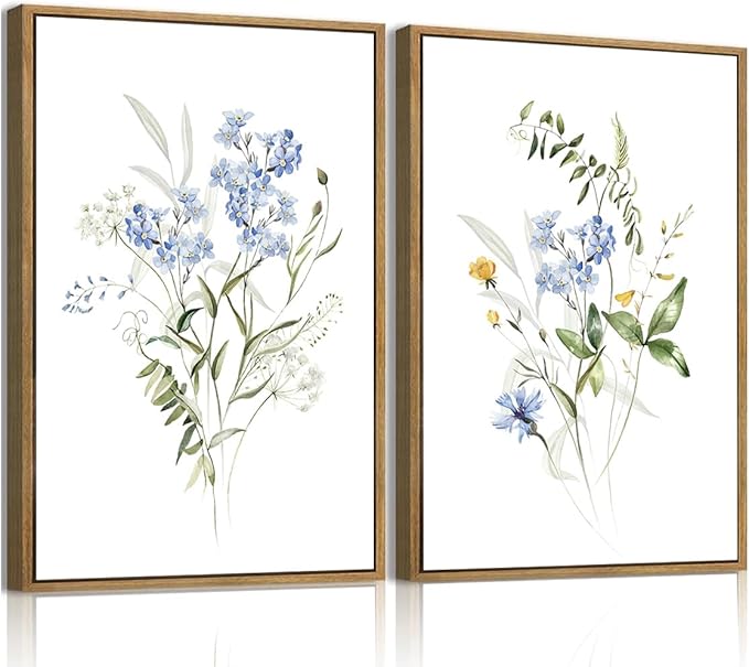 YOYIAXT 2 Pieces Watercolor Botanical Canvas Wall Art For Bedroom Blue Floral Framed Wall Art Minimalist Neutral Flower Art Prints Artwork For Living Room Office, 12x16 in