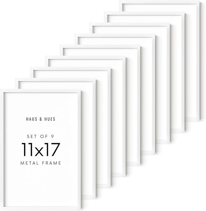 HAUS AND HUES 11x17 White Aluminum Frame Set of 9 - Vertical & Horizontal Hanging, Shatterproof Plexiglass (11x17 in, White)