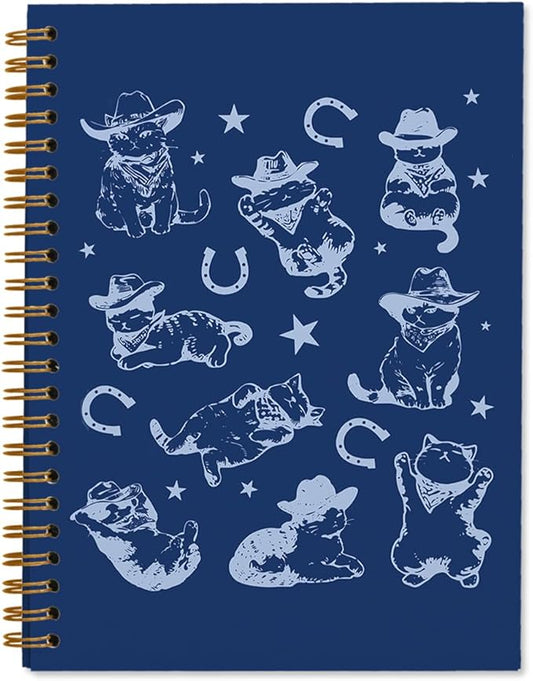 Blue Western Cat Spiral Notebook Journal, Cat Mom Lovers Owners Gifts for Women, Vintage Western Cowboy Kittens Aesthetic Notebooks Journals for Work School Note Taking, 5.5x8.3