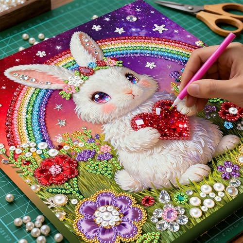 ARTopet DIY Pearl Painting Kit with Frame Gemstone Pearl Diamond Dots Beads Canvas Art Craft for Adult Beginners Display for Tabletop and Wall Mounting Home Decor-Rabbit - Image 5