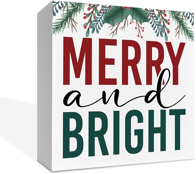 Christmas Wooden Desk Decor Sign, Merry and Bright Wooden Box Sign, Holiday Tabletop Home Plaque with Berry Design, Winter Christmas Decor for Living Room Bedroom Office 5x5 Inches