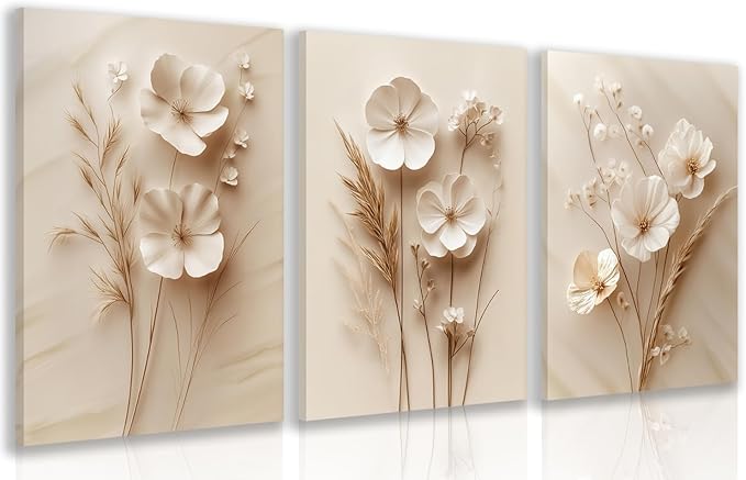 HLXRAE Minimalist Beige Floral Canvas Wall Art, Neutral Farmhouse Wall Decor, Framed Vintage Botanical Poster Prints, Modern Flower Aesthetic Pictures for Bathroom Living Room Bedroom 12"x16"x3