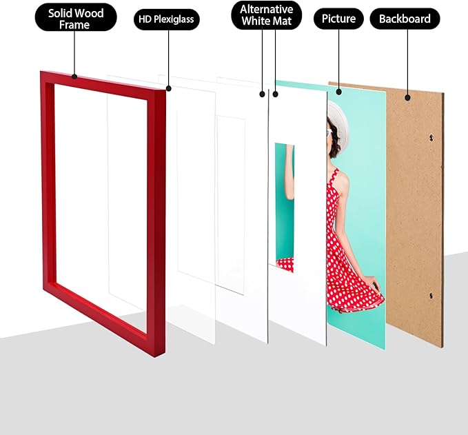 KINLINK 11x14 Picture Frame Red, Solid Wood Frames with Acrylic Plexiglass for Pictures 5x7/8x10 with Mat or 11x14 without Mat, Tabletop and Wall Mounting Display, Set of 4