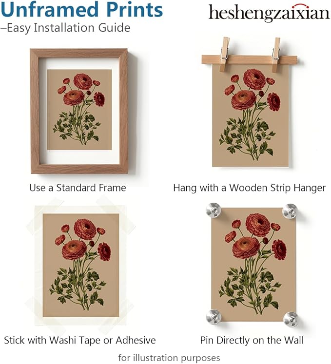 Ranunculus Flowers Prints,Vintage Floral Painting Botanical Canvas Wall Art Poster for Home Office School, Antique Botany Garden Nature Plant Flowers Artwork ,Set of 4 ( 8 x 10 in) Unframed