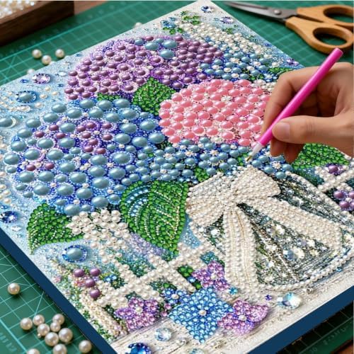 DIY Pearl Painting Kit for Adults, Hydrangea Flower Gem Art with Wood Frame, 20x20cm Pearl Diamond Craft, Floral Wall Decor Gift for Women, Beginners Relaxing Hobby Kit - Image 2