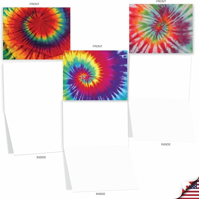 The Best Card Company - 10 Boxed Blank Note Cards Set with Envelopes (4 x 5.12 Inch), Tie Die Retro Fun Note Cards Assorted - To Dye For M6593OCB
