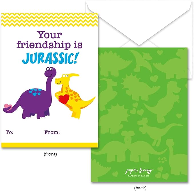 Paper Frenzy Dinosaur Themed Valentine Cards WITH ENVELOPES - 25 pack