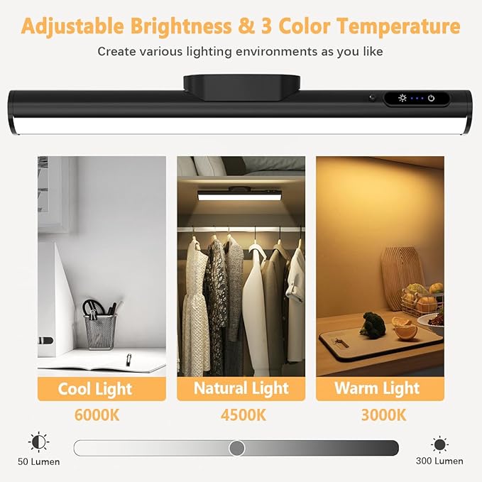 Rechargeable Magnetic LED Light Bar with Remote, Under Cabinet Lighting Wireless, Battery Powered Operated Wall Strip Lights, Dimmable Desk Lamp for Shelf Closet Picture Kitchen - Black