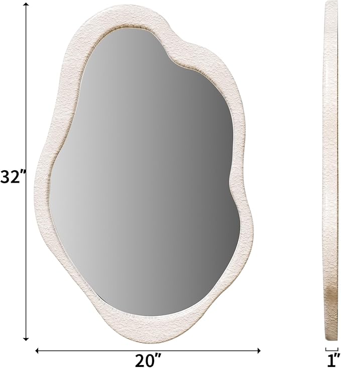 32"x 20" Wavy Cloud Mirror Irregular Wall Mirror with Wood Frame, Modern Decorative with Hanging Hooks, Asymmetrical for Bedroom Living Room Entryway Beige