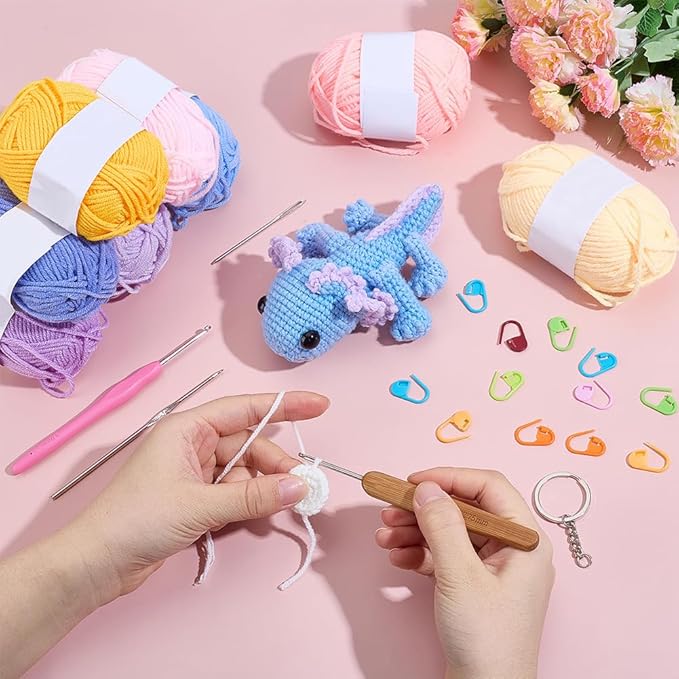 ACRNIGHEET Crochet Kit for Beginners 8 Pcs Axolotl Keychain Crochet Kit Kinitting Kits for Beginners Adults Amigurumi Keychain Crafts for Bag Ornament with Step-by-Step Video Tutorials
