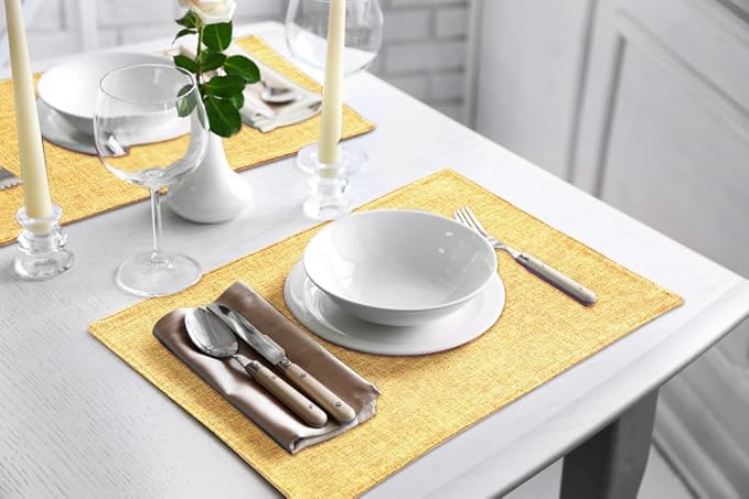 homing Cotton Linen Placemats Set of 8, Cloth Washable Farmhouse Dining Table Mats for Indoors & Outdoors, Easy to Clean, Mustard Yellow, 13 x 19 Inch