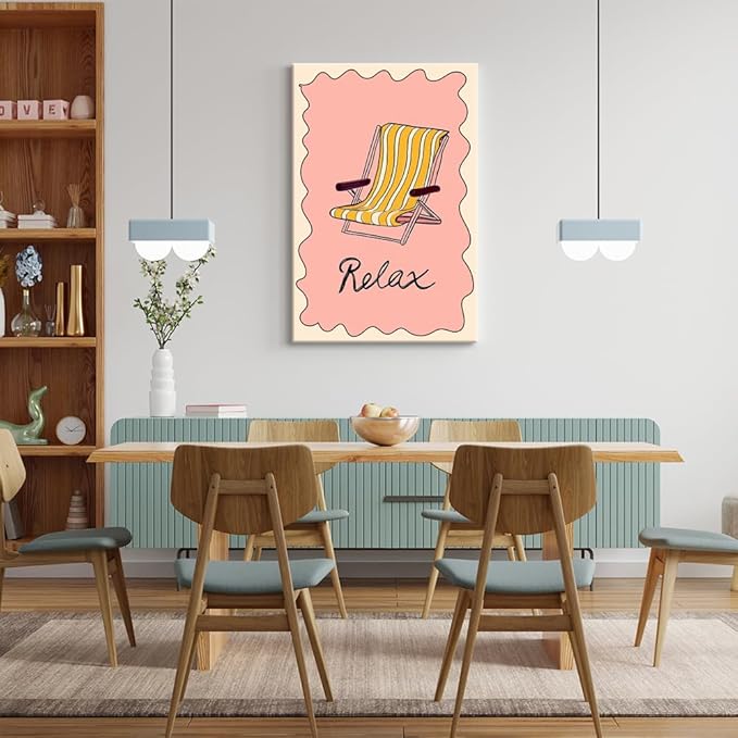 Framed Abstract Pink Yellow Ocean Coastal Beach Chair Wall Art Trendy Summer Relaxing Seaside Canvas Prints Painting Aesthetic Preppy Decor Picture for Living Room Bedroom Decoration 12x16inch