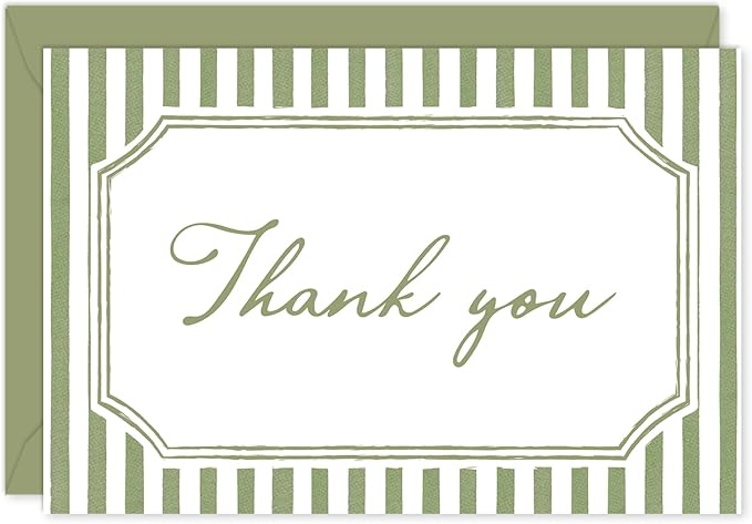 Whaline 24Pcs Sage Green Thank You Cards Blank Note Cards with Envelopes Stickers Minimalist Green Stripe Greeting Card for Wedding Birthday Baby Shower, 4 x 6 Inch