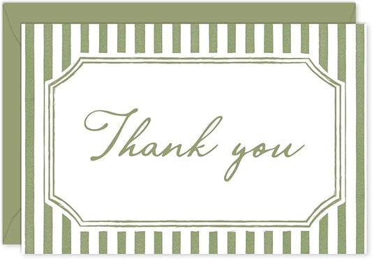 Whaline 24Pcs Sage Green Thank You Cards Blank Note Cards with Envelopes Stickers Minimalist Green Stripe Greeting Card for Wedding Birthday Baby Shower, 4 x 6 Inch