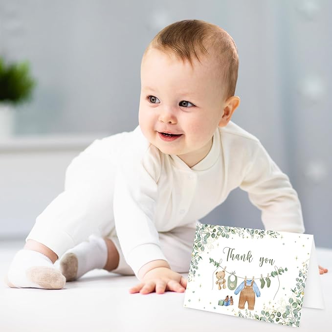 24 Pack Greenery Baby Shower Thank You Cards Bulk Eucalyptus Leaves Greeting Cards with Envelopes Stickers Blank Note Cards for Birthday Party Supplies, 4 x 6 Inch