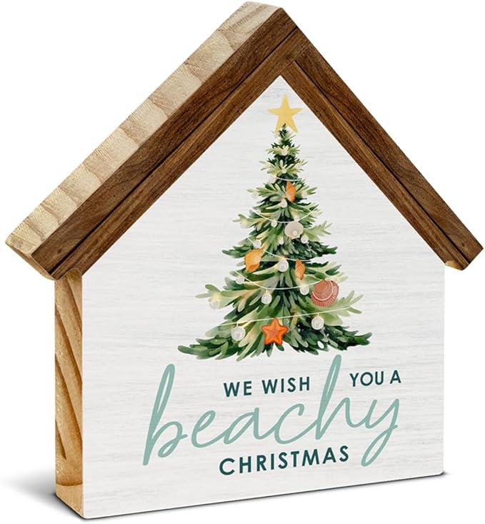 Beach Christmas Decorations, We Wish You a Beachy Christmas House Shaped Wood Sign, Coastal Beachy Xmas Decor for Home