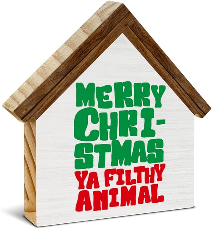 Funny Christmas Decor, Merry Christmas Ya Filthy Animal House Shaped Wood Sign, Xmas Decorations for Farmhouse Home Office