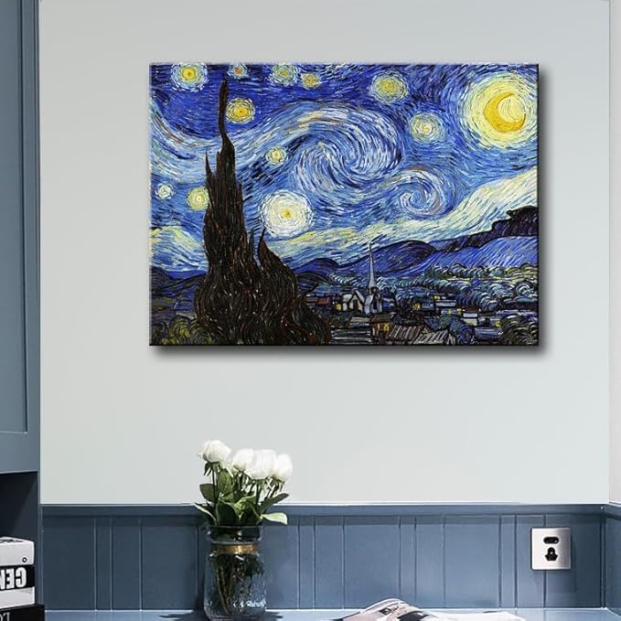 Van Gogh Canvas Wall Art - Starry Night Landscape Painting Picture Reproduction Room Decor - Famous Art Prints Modern Artwork Framed Poster Bedroom Home Decoration 12" x 15"
