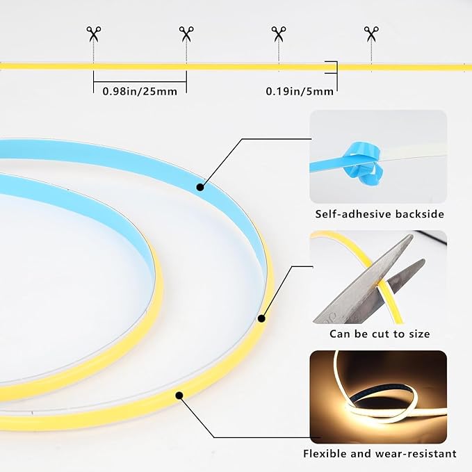 USB Type-C Powered 1M/3.28Ft 5V COB LED Strip Light with Dimmer of Memory Function,Pure White 6000K,640LEDs,Flexible Tape Light for TV Monitor Backlight,Mirror,Cabinet,Wardrobe,Cupboard DIY Lighting