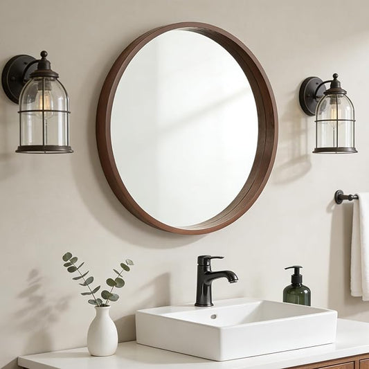 WallBeyond 28 Inch Round Wood Mirror, Large Circle Wooden Frame Wall Mirror for Bathroom, Living Room, Bedroom, Entryway (Walnut)
