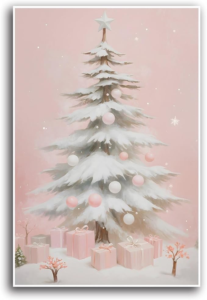 Canvas Wall Art Pink Christmas Tree Wall Art Print Holiday Poster Trendy Christmas Decor 32x48in-UnFramed