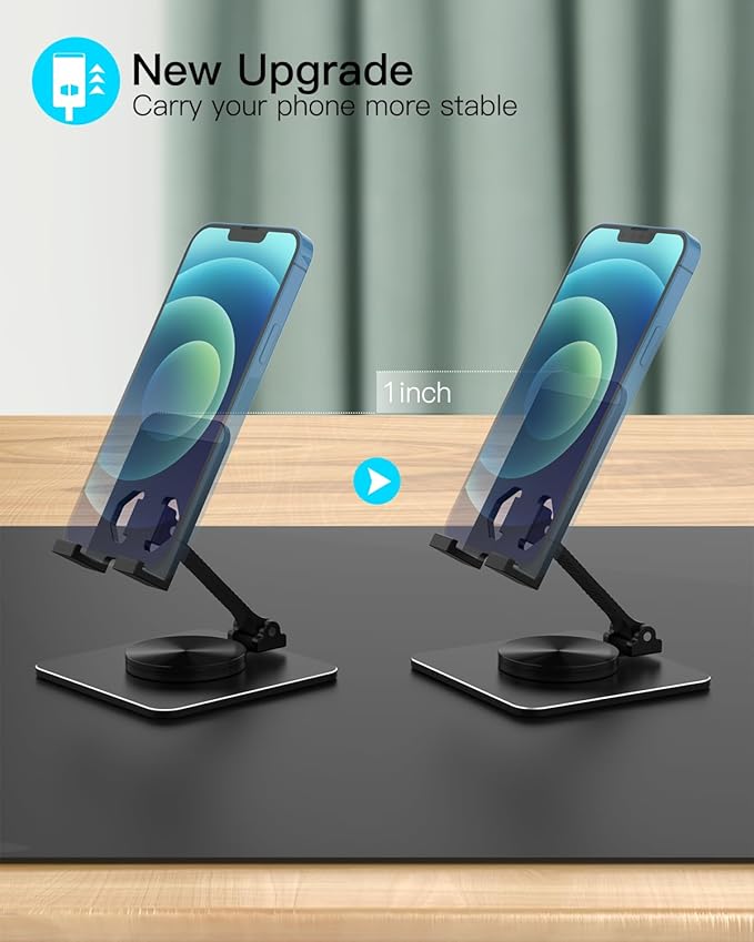 Cell Phone & Tablet Stand for Desk, Aluminum Adjustable Holder for iPhone, iPad & Smartphones || Foldable Mount with 360° Swivel, Stable Base & Portable Design for 4–9.7in Devices, Black