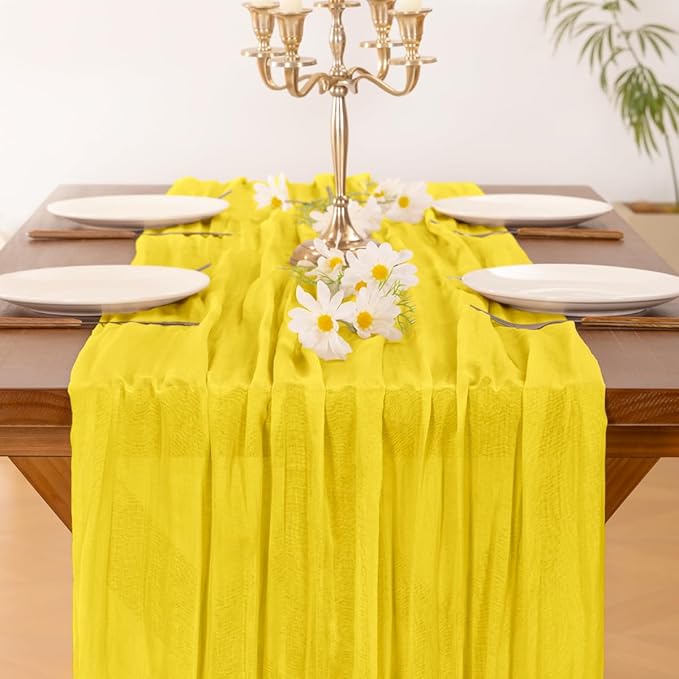 Socomi Yellow Cheesecloth Spring Table Runner Boho Rustic Gauze 120 inch 10FT Cheese Cloth Runner for Wedding Party Baby Shower Birthday Home Decor