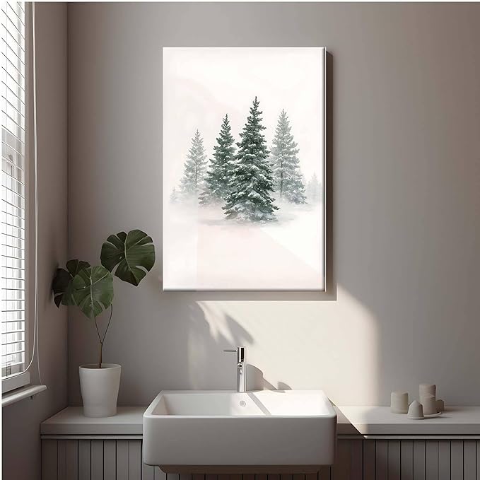 Framed Canvas Wall Art Snowy Evergreen Trees Print Winter Forest Wall Art Christmas Watercolour Painting Winter landscape Snowy Pine tree poster 12x18in Wood Framed