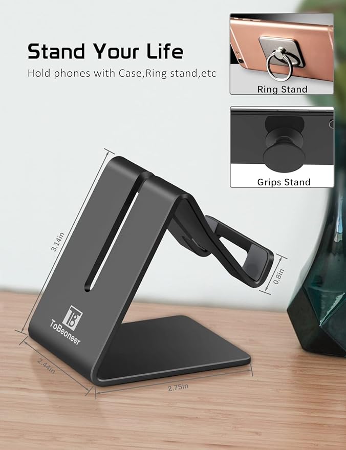 Phone Stand, Aluminum Phone Holder for iPhone 16 15 14 13 12 11 X 8 7 6 Plus 5, Tablet, Samsung, Huawei, Suitable for All Smartphones, Adding a Touch of Style to Your Office Decor, Black