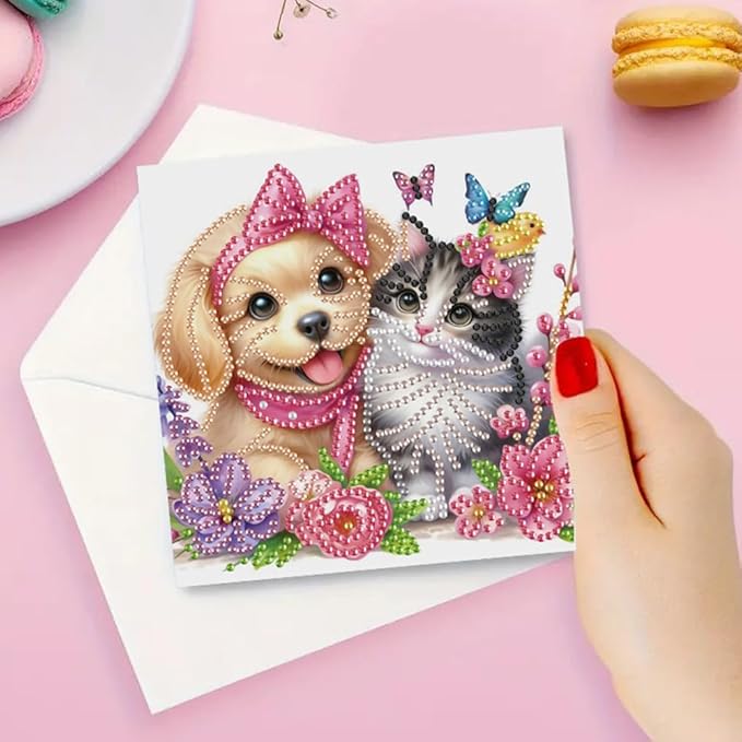 Ceitura 6Pcs DIY Playing Cat and Dog Diamond Art Painting Crafts Rhinestone Painting Greeting Card Making Kit Postcard for Holiday Christmas New Year Party Favors