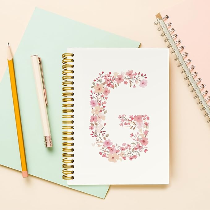 Pink Cute Spiral Notebook Journal, Preppy Floral Initial Letter G Personalized Journaling Notebooks, Monogrammed Gifts for Women Girls, Botanical Hardcover Spiral Lined Notebook 5.5 x 8.3