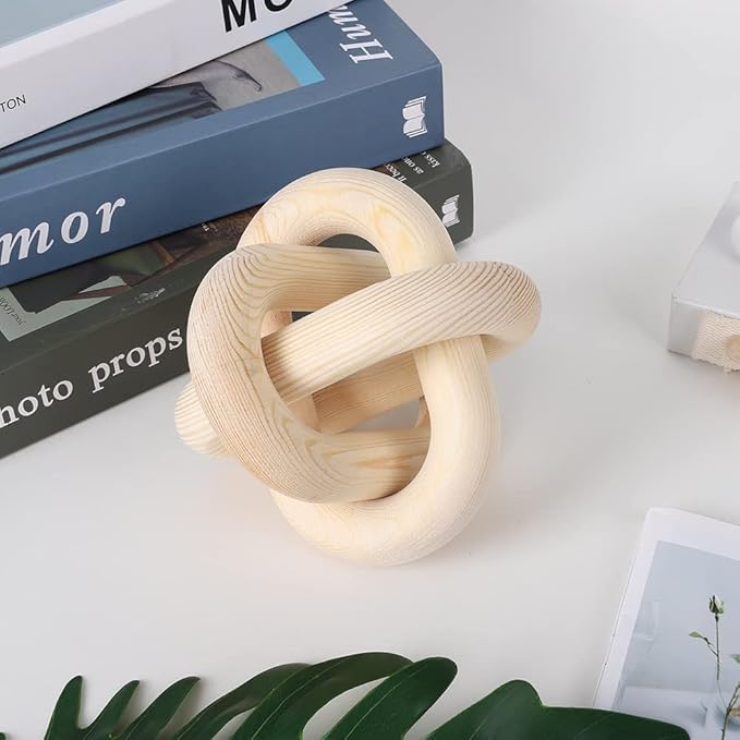 Wood Knot Chain Link Decor - 3 Link Boho Wooden Hand Carved Decorative Wooden Links Knots for Coffee Table Entryway Modern Farmhouse Shelf Decoration