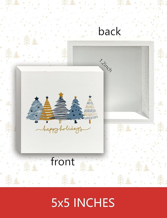 Minimalist Navy Blue and Gold Christmas Tree Wooden Box Sign, Preppy Christmas Desk Decor, Xmas Tree Winter Happy Holiday Wood Signs for Home Office Desk Shelf Tabletop Decor, 5x5 Inch Decorative Signage